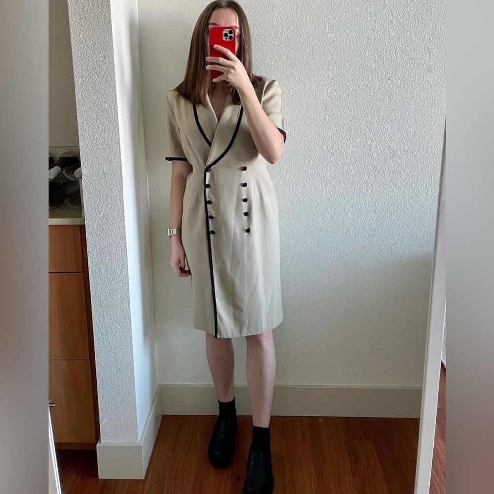 Studio I Petite Vintage Beige Blazer Dress Black Trim Double Breasted Buttons